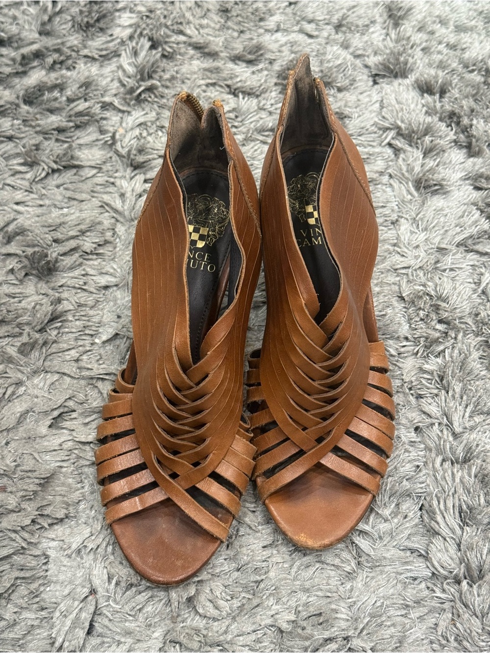 Vince Camuto Wedge Heels Brown Leather Peep Toe Zip Strappy